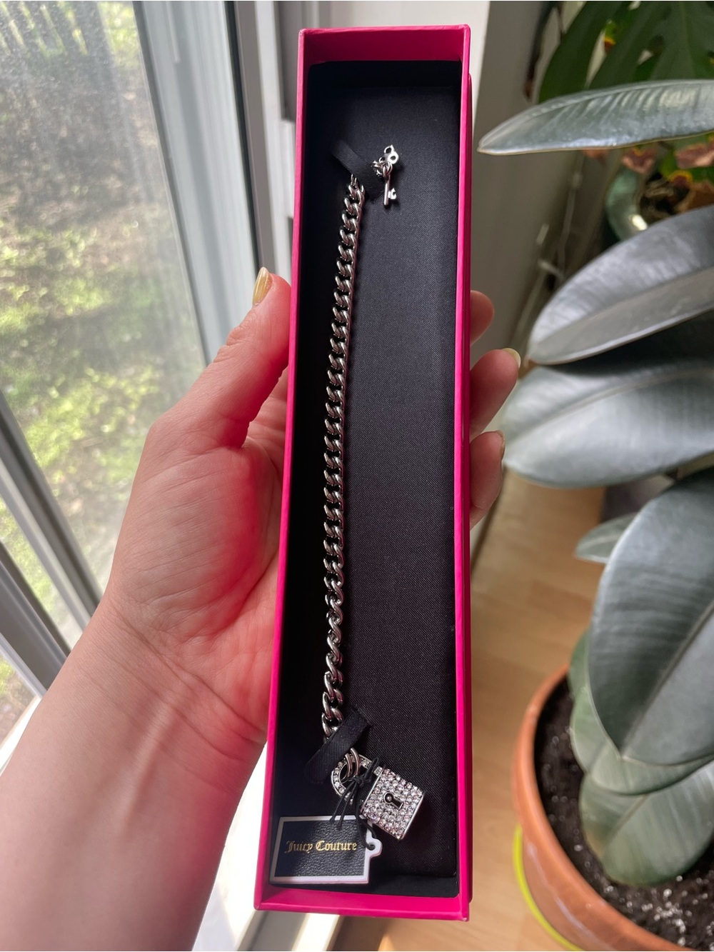 Juicy Couture Silver-Tone Chain Bracelet with Crystal Padlock Charm